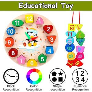 Wooden Clock with Lacing String & Shapes – Educational Learning Toys for 3 Year Olds & Up – Wooden Counting & Shape Sorting Toys Learning Educational Gift for Toddler