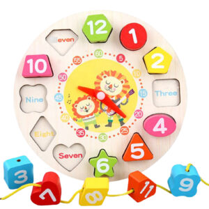 Wooden Clock with Lacing String & Shapes – Educational Learning Toys for 3 Year Olds & Up – Wooden Counting & Shape Sorting Toys Learning Educational Gift for Toddler