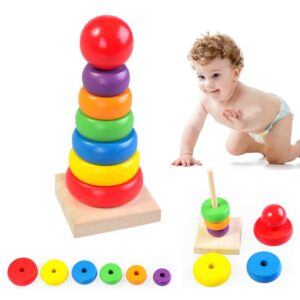 Wooden Toys Rainbow Tower Sorting Stacking Rings Building Puzzles Toys Educational Learning Montessori STEM Game for 1 Years Old Up Boys and Girls